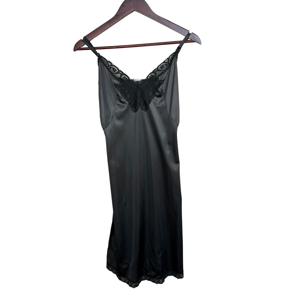 Vintage Full Slip Dress Size Small Black‎ Lace Trim Adjustable Straps Butterfly